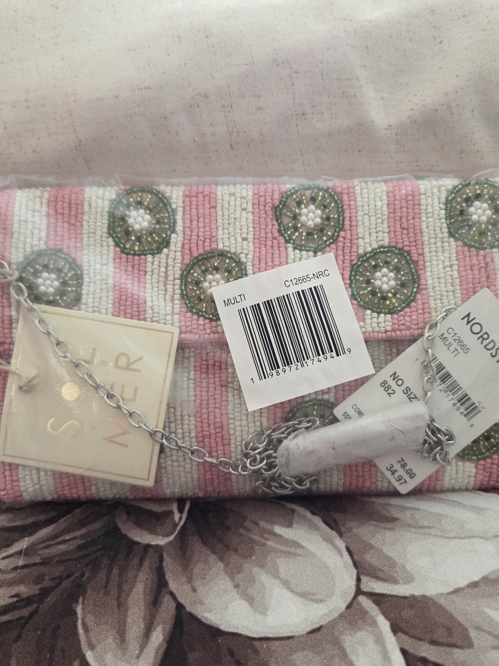 Seed-Bead Pink & White Striped Crossbody Clutch with Green Accents
